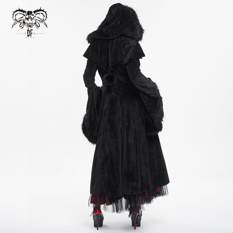 DEVIL FASHION Women's Gothic Flared Sleeved Fluffy Coat with Hood