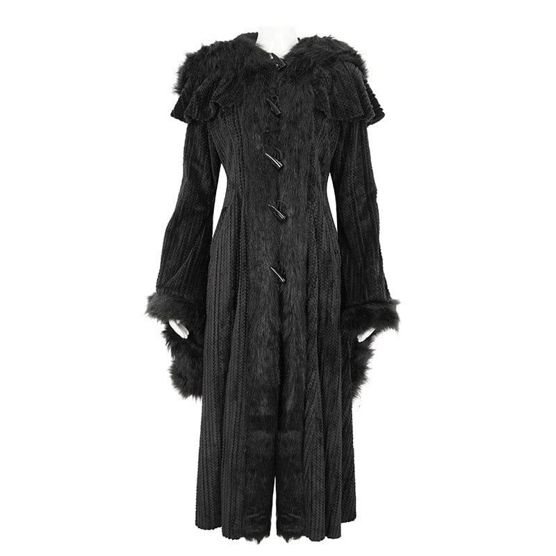 DEVIL FASHION Women's Gothic Flared Sleeved Fluffy Coat with Hood