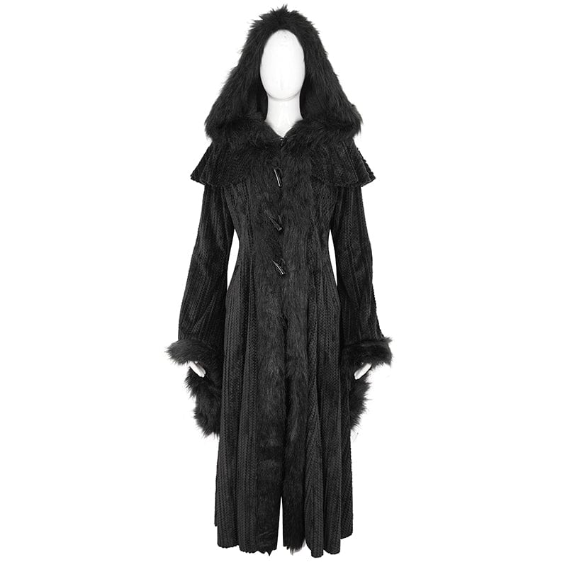 DEVIL FASHION Women's Gothic Flared Sleeved Fluffy Coat with Hood