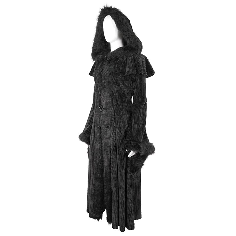 DEVIL FASHION Women's Gothic Flared Sleeved Fluffy Coat with Hood