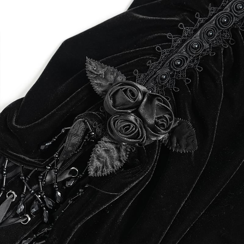 DEVIL FASHION Women's Gothic Floral Beaded Tassel Trim Ruched Long Skirt