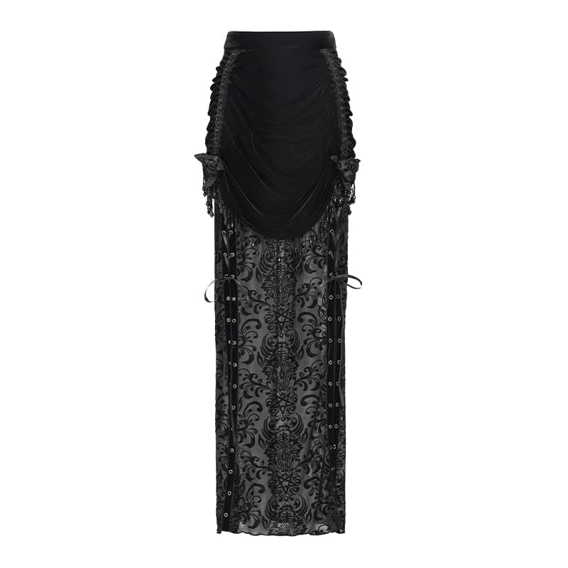 DEVIL FASHION Women's Gothic Floral Beaded Tassel Trim Ruched Long Skirt