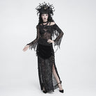 DEVIL FASHION Women's Gothic Floral Beaded Tassel Trim Ruched Long Skirt