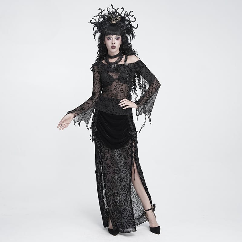 DEVIL FASHION Women's Gothic Floral Beaded Tassel Trim Ruched Long Skirt