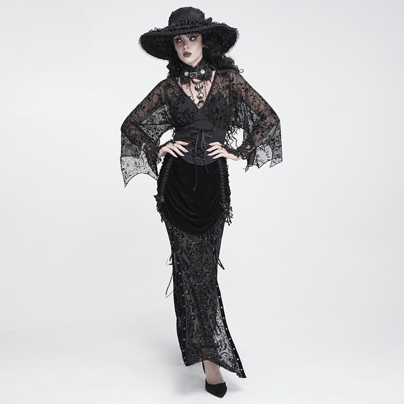 DEVIL FASHION Women's Gothic Floral Beaded Tassel Trim Ruched Long Skirt