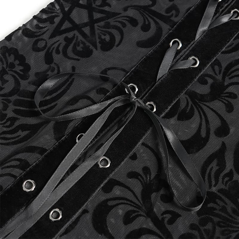 DEVIL FASHION Women's Gothic Floral Beaded Tassel Trim Ruched Long Skirt
