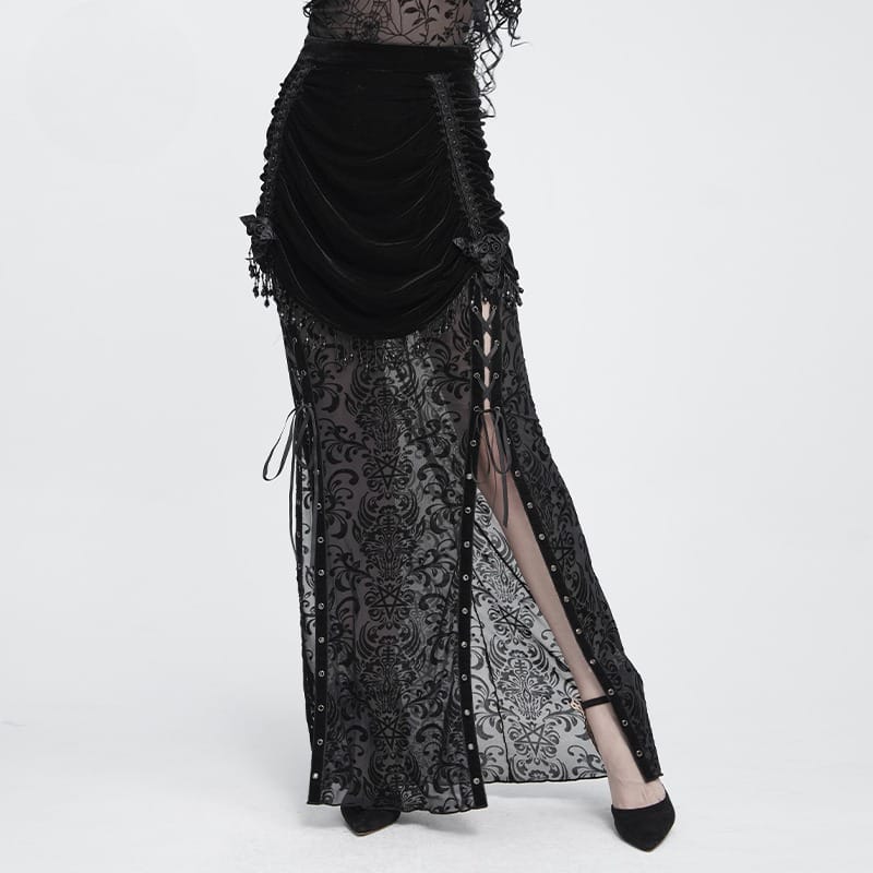 DEVIL FASHION Women's Gothic Floral Beaded Tassel Trim Ruched Long Skirt