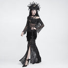 DEVIL FASHION Women's Gothic Floral Beaded Tassel Trim Ruched Long Skirt