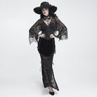 DEVIL FASHION Women's Gothic Floral Beaded Tassel Trim Ruched Long Skirt