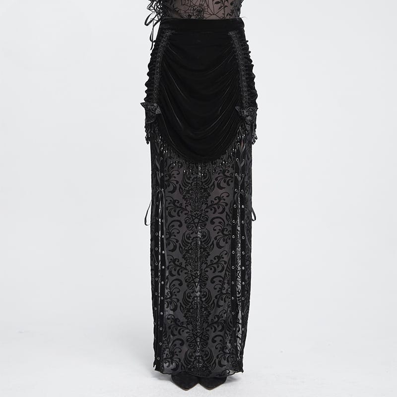 DEVIL FASHION Women's Gothic Floral Beaded Tassel Trim Ruched Long Skirt