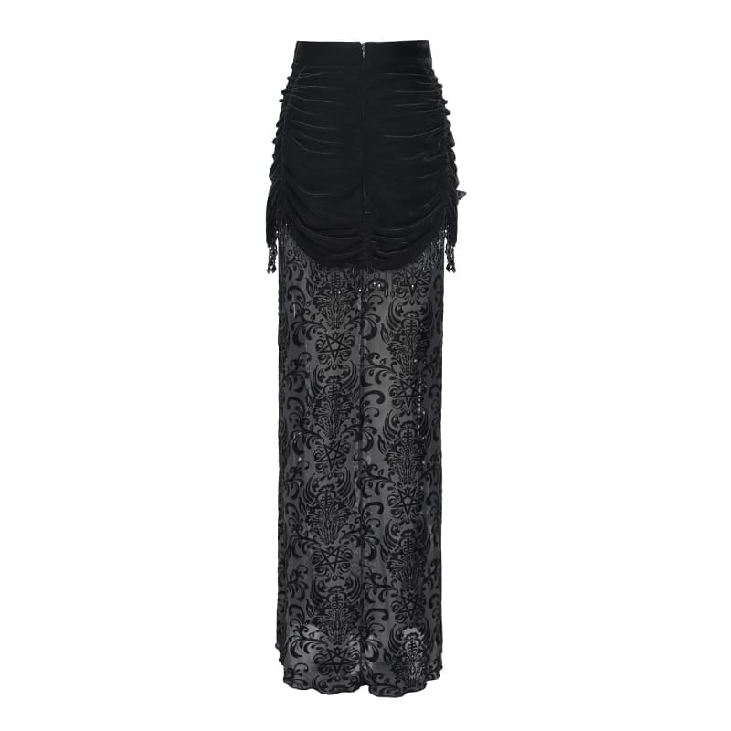 DEVIL FASHION Women's Gothic Floral Beaded Tassel Trim Ruched Long Skirt
