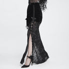 DEVIL FASHION Women's Gothic Floral Beaded Tassel Trim Ruched Long Skirt