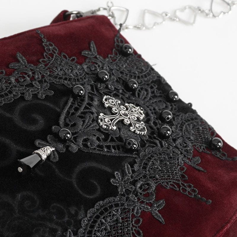 DEVIL FASHION Women's Gothic Floral Embroidered Beaded Red Bag