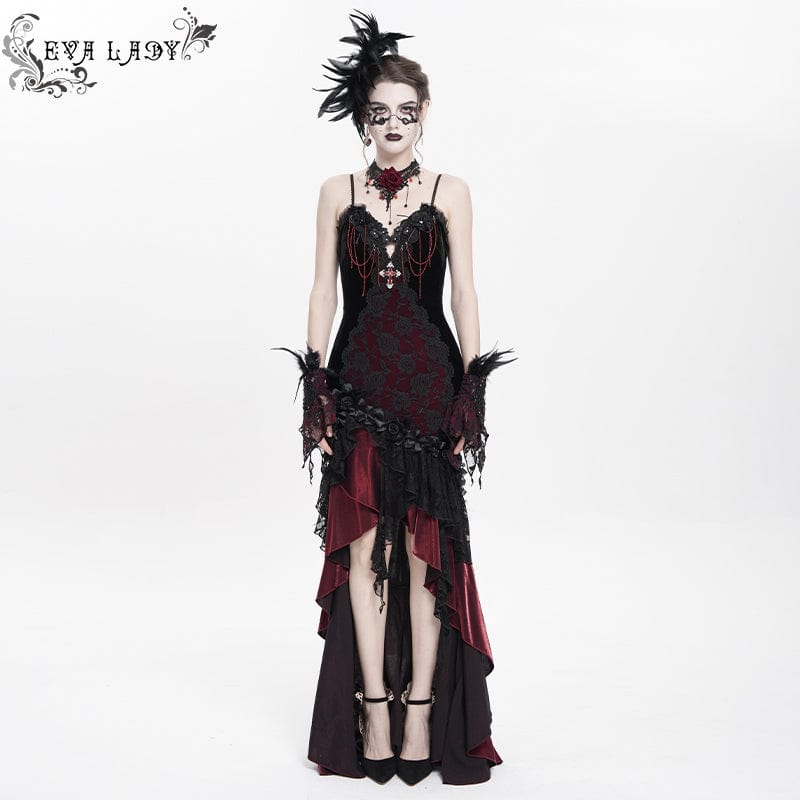DEVIL FASHION Women's Gothic Floral Embroidered Cross Ruffle Long Slip Dress Red