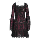 DEVIL FASHION Women's Gothic Floral Embroidered Lace-up Square-cut Collar Lace Dress Red