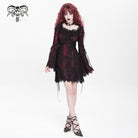 DEVIL FASHION Women's Gothic Floral Embroidered Lace-up Square-cut Collar Lace Dress Red