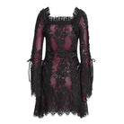 DEVIL FASHION Women's Gothic Floral Embroidered Lace-up Square-cut Collar Lace Dress Red