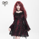 DEVIL FASHION Women's Gothic Floral Embroidered Lace-up Square-cut Collar Lace Dress Red