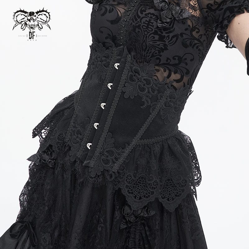 DEVIL FASHION Women's Gothic Floral Embroidered Mesh Splice Faux Leather Underbust Corset