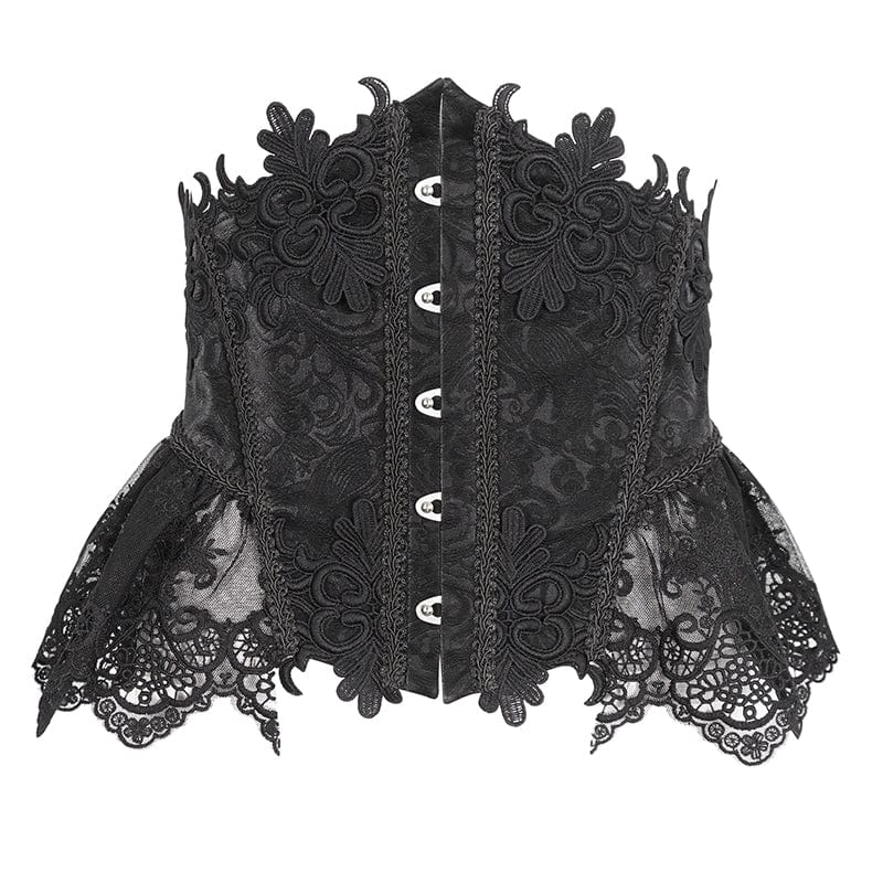 DEVIL FASHION Women's Gothic Floral Embroidered Mesh Splice Faux Leather Underbust Corset