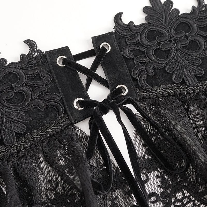 DEVIL FASHION Women's Gothic Floral Embroidered Mesh Splice Faux Leather Underbust Corset