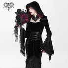 DEVIL FASHION Women's Gothic Floral Embroidered Mesh Splice Lace-up Hooded Dress Black