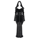 DEVIL FASHION Women's Gothic Floral Embroidered Mesh Splice Lace-up Hooded Dress Black