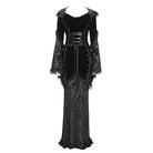 DEVIL FASHION Women's Gothic Floral Embroidered Mesh Splice Lace-up Hooded Dress Black