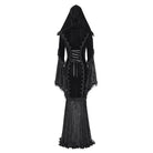 DEVIL FASHION Women's Gothic Floral Embroidered Mesh Splice Lace-up Hooded Dress Black