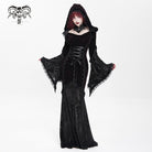 DEVIL FASHION Women's Gothic Floral Embroidered Mesh Splice Lace-up Hooded Dress Red