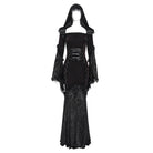 DEVIL FASHION Women's Gothic Floral Embroidered Mesh Splice Lace-up Hooded Dress Red