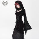 DEVIL FASHION Women's Gothic Floral Embroidered Mesh Splice Lace-up Hooded Dress Red