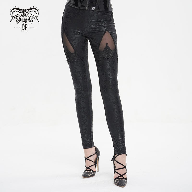 DEVIL FASHION Women's Gothic Floral Embroidered Mesh Splice Leggings