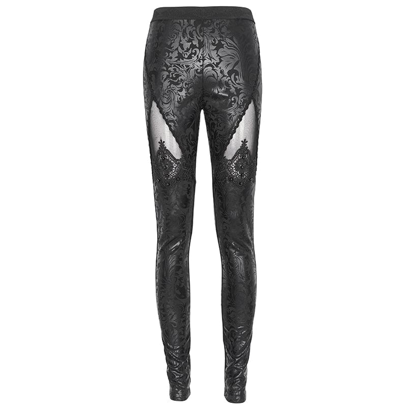 DEVIL FASHION Women's Gothic Floral Embroidered Mesh Splice Leggings