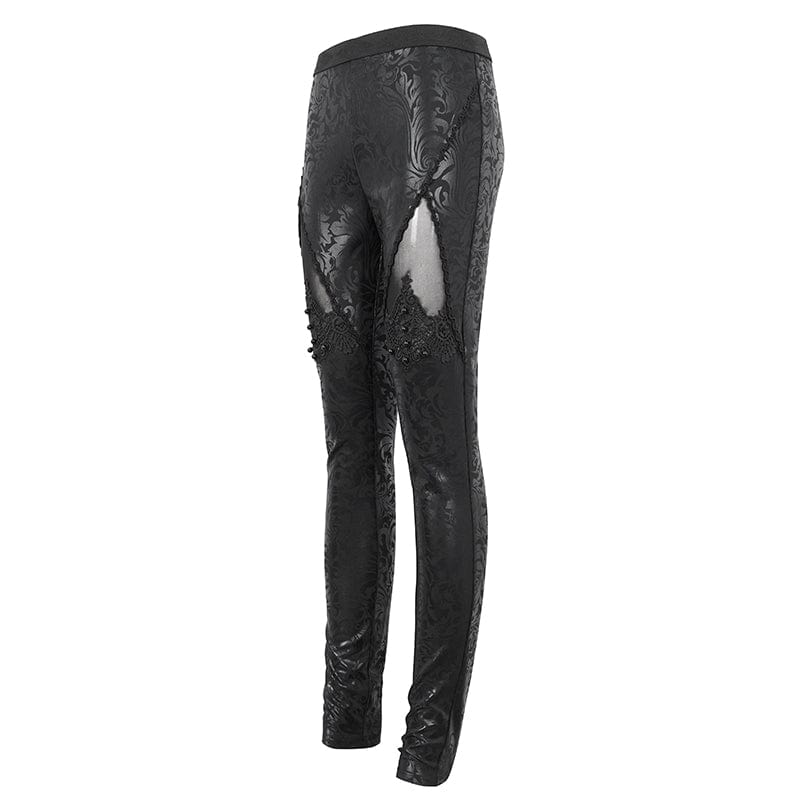 DEVIL FASHION Women's Gothic Floral Embroidered Mesh Splice Leggings