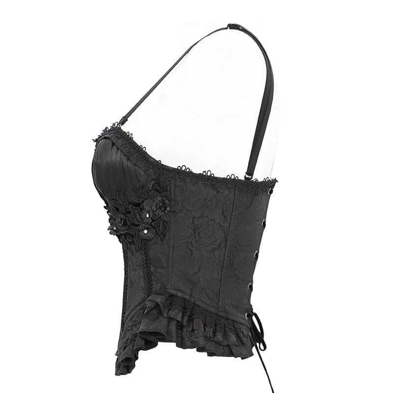 DEVIL FASHION Women's Gothic Floral Embroidered Ruffled Lace-up Tank Top Black