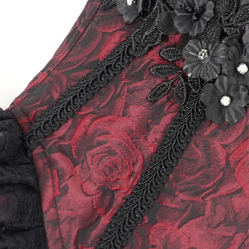 DEVIL FASHION Women's Gothic Floral Embroidered Ruffled Lace-up Tank Top Red