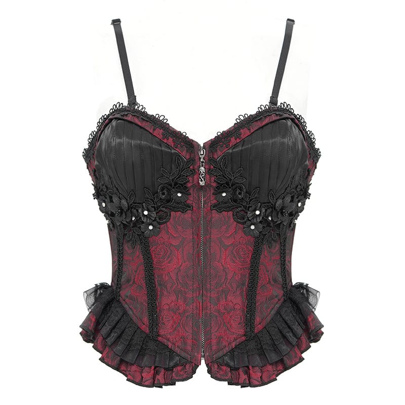 DEVIL FASHION Women's Gothic Floral Embroidered Ruffled Lace-up Tank Top Red