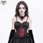 DEVIL FASHION Women's Gothic Floral Embroidered Ruffled Lace-up Tank Top Red