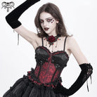 DEVIL FASHION Women's Gothic Floral Embroidered Ruffled Lace-up Tank Top Red