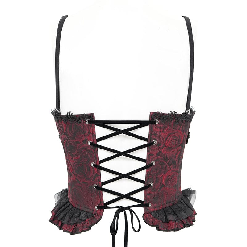 DEVIL FASHION Women's Gothic Floral Embroidered Ruffled Lace-up Tank Top Red