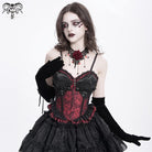 DEVIL FASHION Women's Gothic Floral Embroidered Ruffled Lace-up Tank Top Red