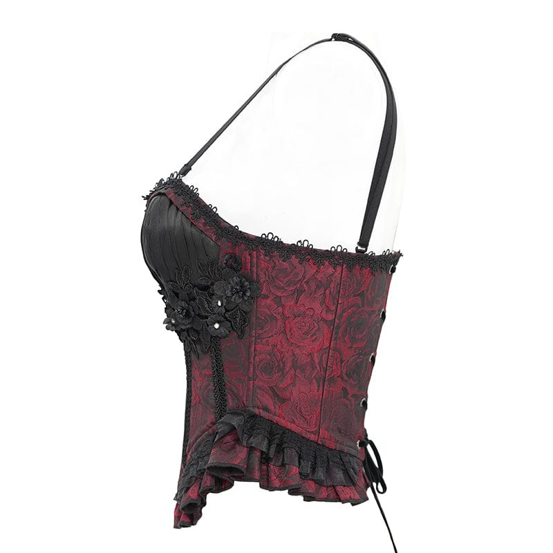 DEVIL FASHION Women's Gothic Floral Embroidered Ruffled Lace-up Tank Top Red