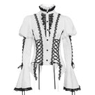 DEVIL FASHION Women's Gothic Floral Jacquard Lace-up Puff Sleeved Shirt White