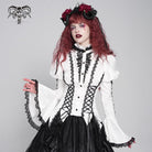 DEVIL FASHION Women's Gothic Floral Jacquard Lace-up Puff Sleeved Shirt White