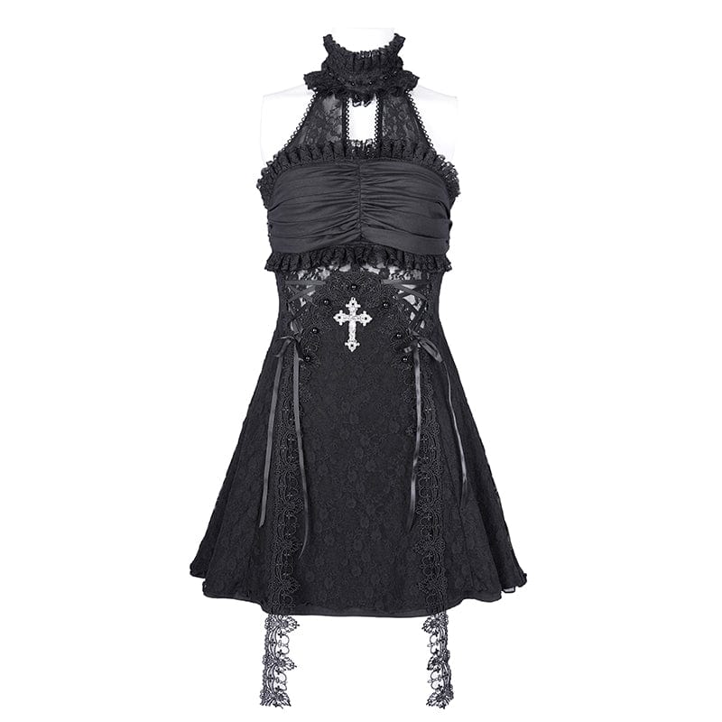 DEVIL FASHION Women's Gothic Halter Cut-out Ruffled Lace Short Dress