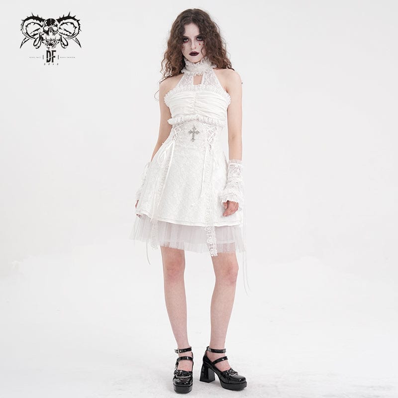 DEVIL FASHION Women's Gothic Halter Cut-out Ruffled Lace Short Dress White