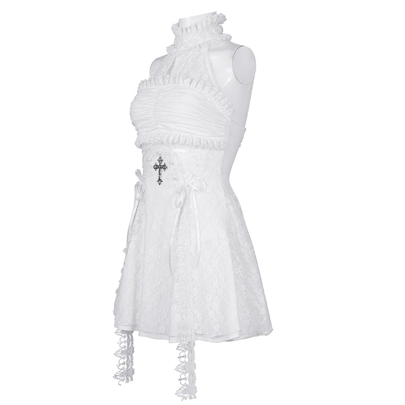 DEVIL FASHION Women's Gothic Halter Cut-out Ruffled Lace Short Dress White