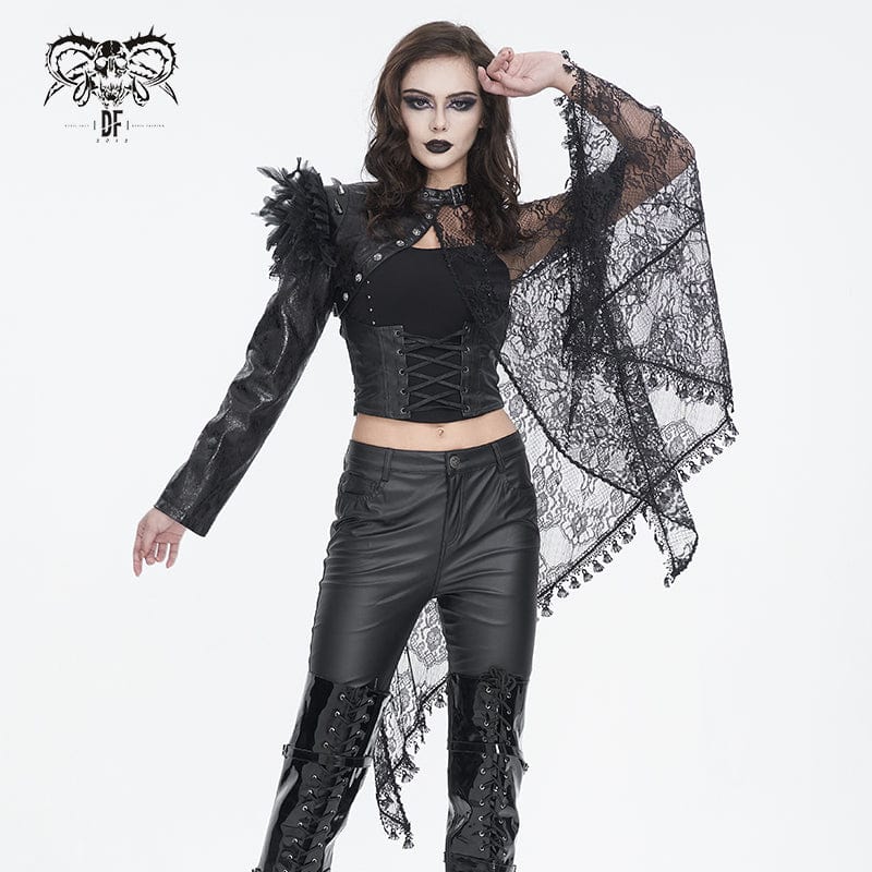 DEVIL FASHION Women's Gothic Irregular Faux Leather Splice Lace Cape