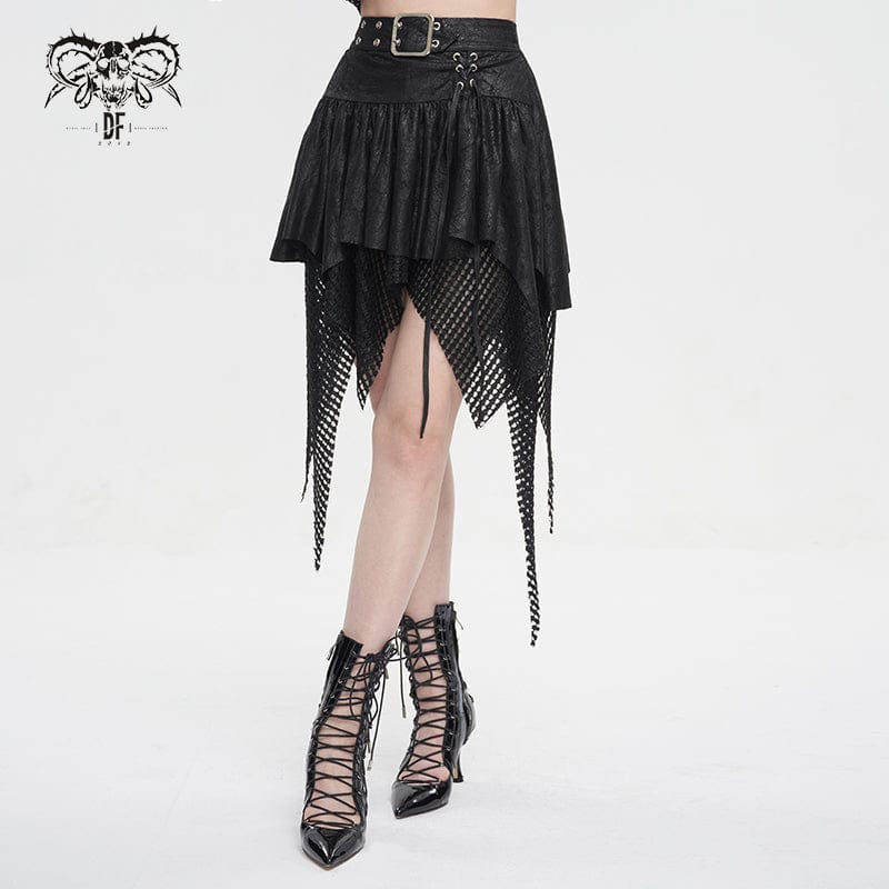 DEVIL FASHION Women's Gothic Irregular Mesh Splice Buckle Skirt Black